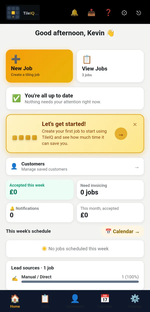 TileIQ Pro home screen with New Job, View Jobs, schedule and totals