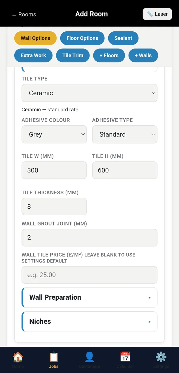 Wall tile settings with tile type Ceramic, adhesive, tile width and height in millimetres, thickness and grout joint