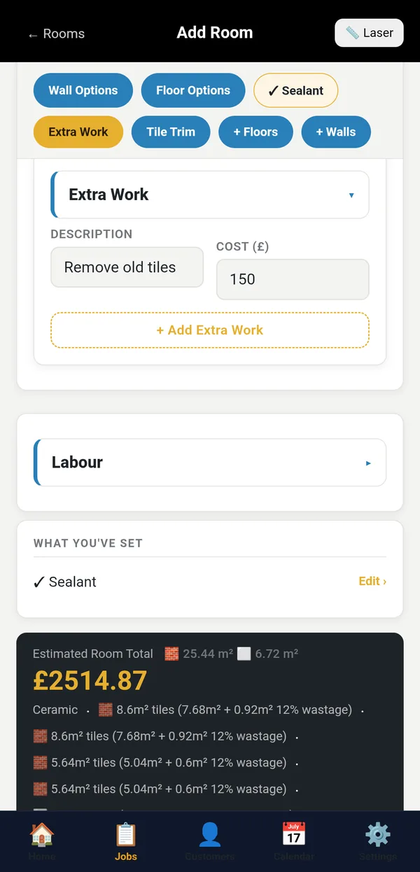Extra Work with a description and cost, and the room total updated