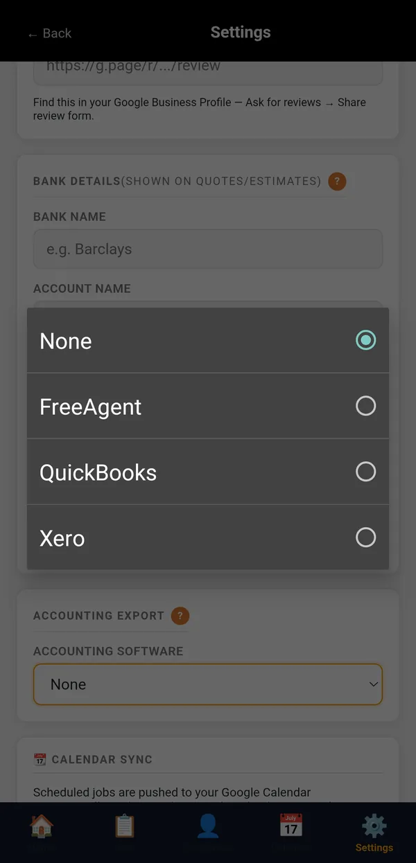 Accounting Software options: None, FreeAgent, QuickBooks and Xero
