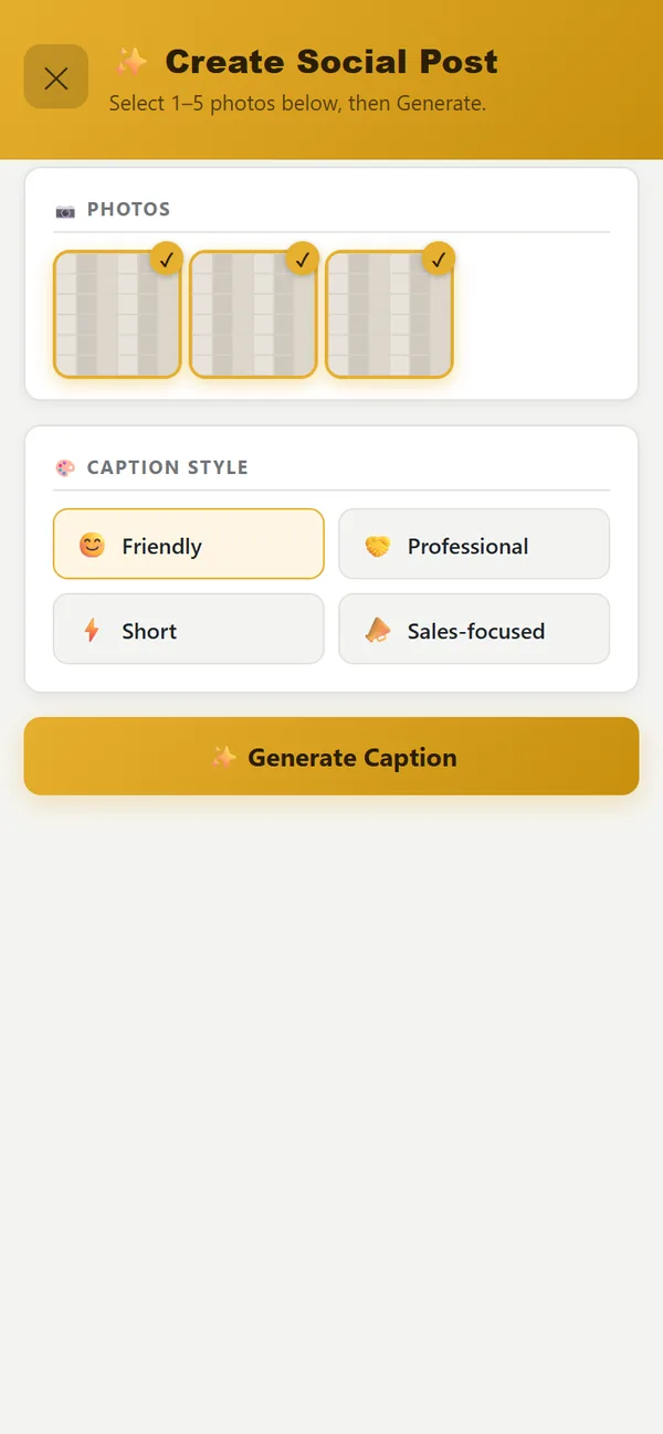 The Create Social Post screen with photos selected and four caption styles